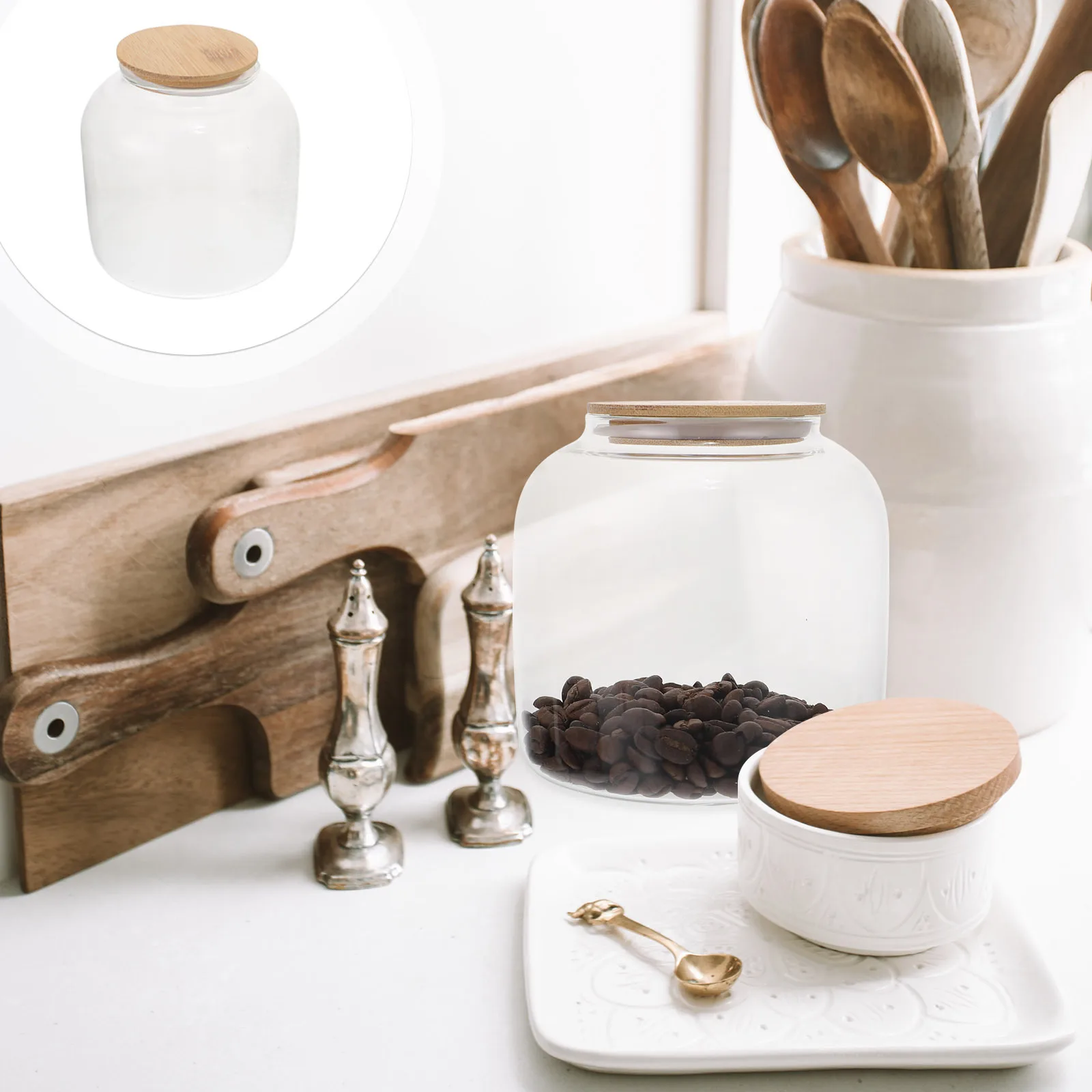 

Tea Storage Jar 1000ml Glass Wooden Lid Sealed Container Beans Candy Biscuit Multi-Functional Fresh Design