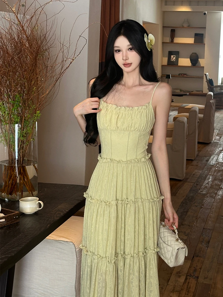 ReddaChic ภาษาฝรั่งเศสคําชนบทผู้หญิงดอกไม้ถักชุดรัดตัวเอว Cami Maxi ยาว Frilly ชุดฉัตร Lounge ฤดูร้อนเสื้อผ้า