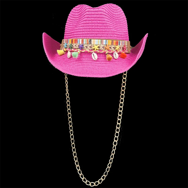 Cowboy Hat Straw Hat 2023 Summer Punk Chain Straw Hat Men\'s Gentleman Women\'s Jazz Cowboy Hat Straw Hat Sun Hat Sombrero