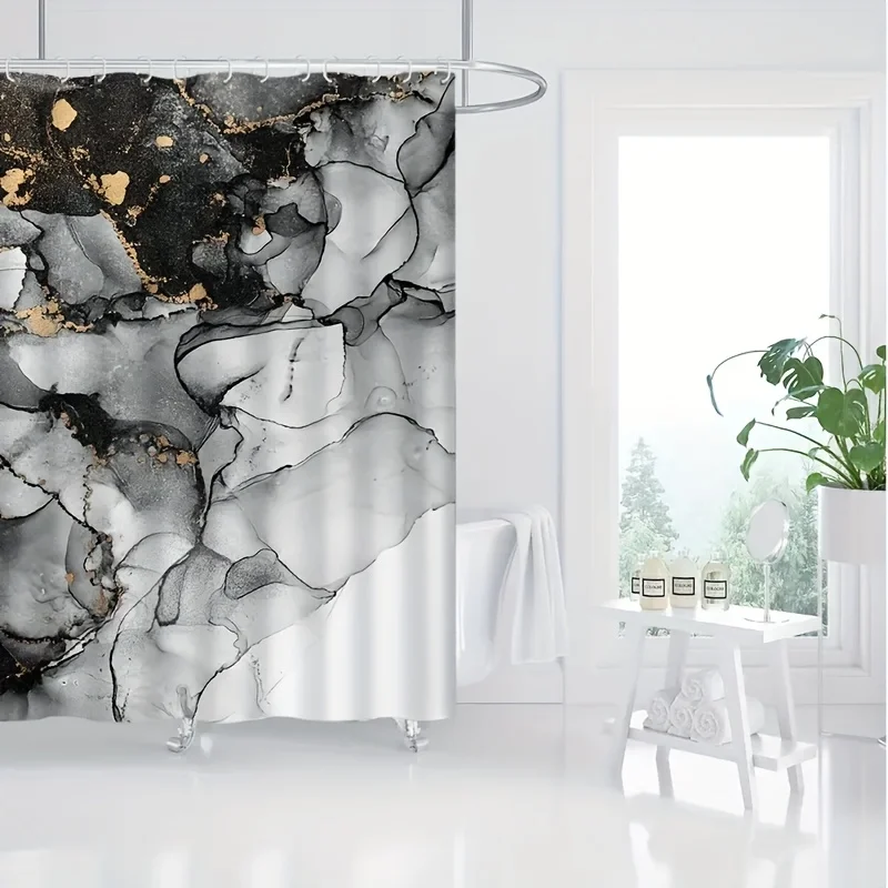 1pc Nordic Luxury Marble Shower Curtain - Grey & Golden Floral Pattern for Bathroom Decoration, Toilet Shower Curtain, Windows & - view 2