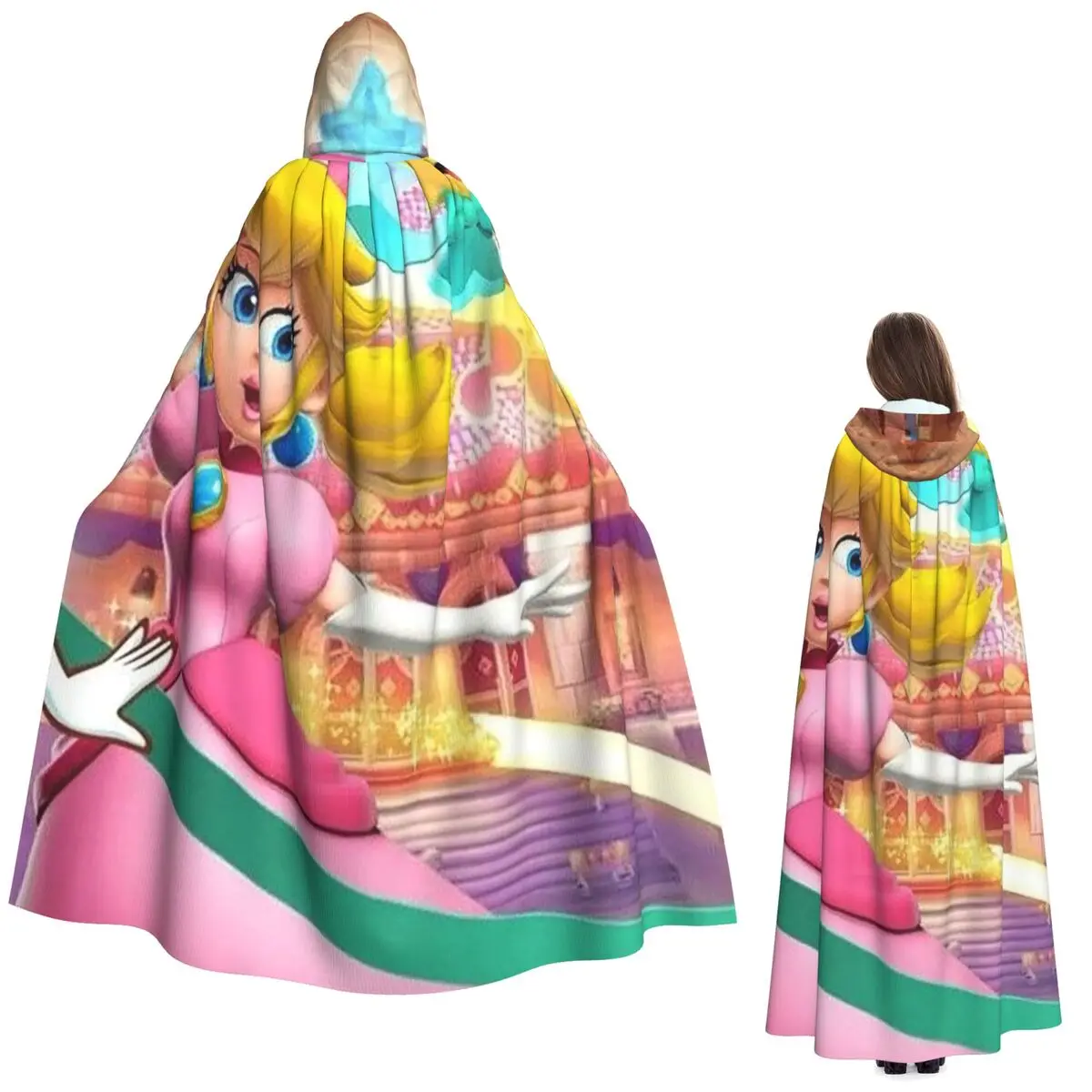 

Girls Peach Princess Print Long Hooded Cloak Witch Medieval Costume Cosplay Cape HalloweenVampire Adult Unisex