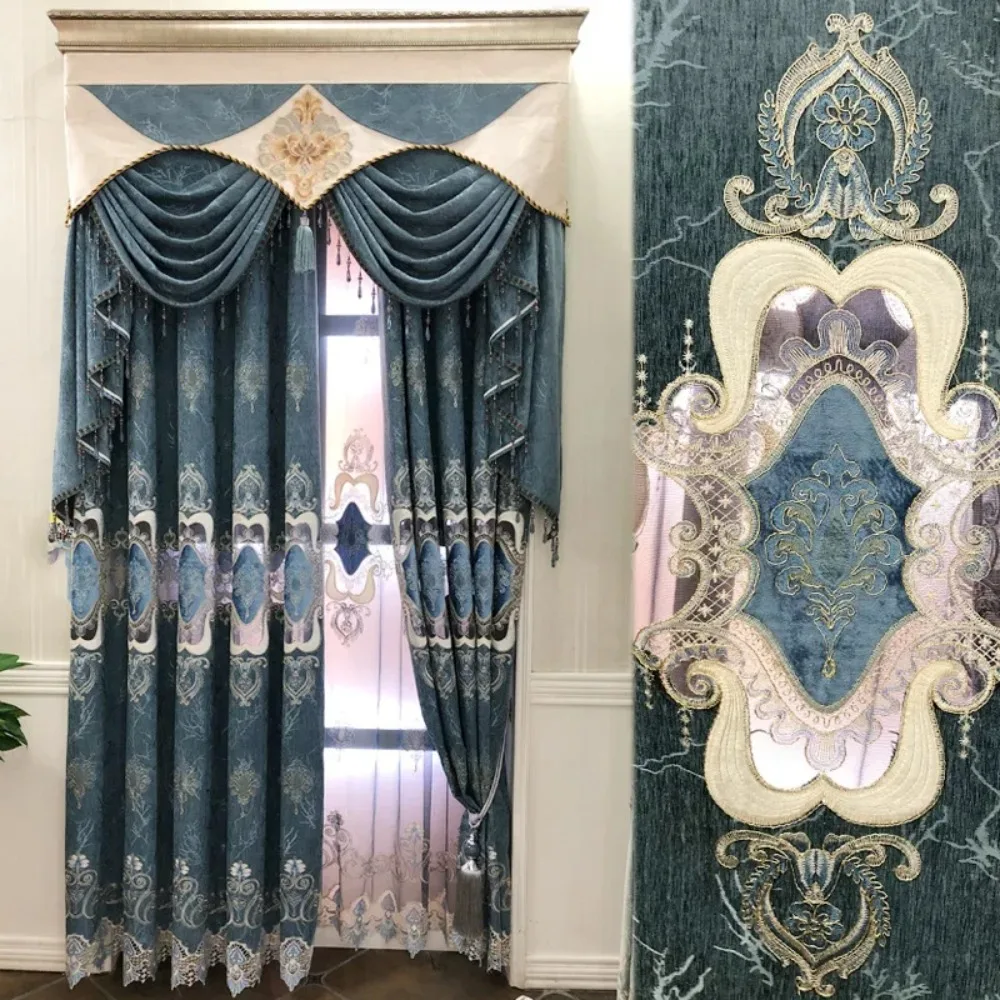 New European Style Hollowed Out Embroidered Curtains Customized Window Screens Living Room Grand Balconies Blue Water-soluble