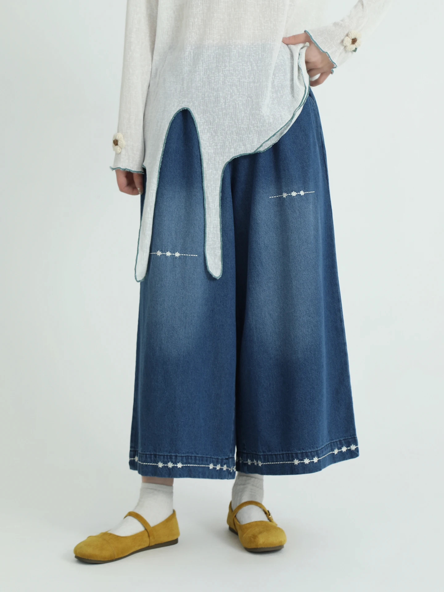 

Boeren High Waist Wide Leg Nine Points Embroidered Elastic Women's Jeans Artistic Slimming Spring Faion Cotton Denim