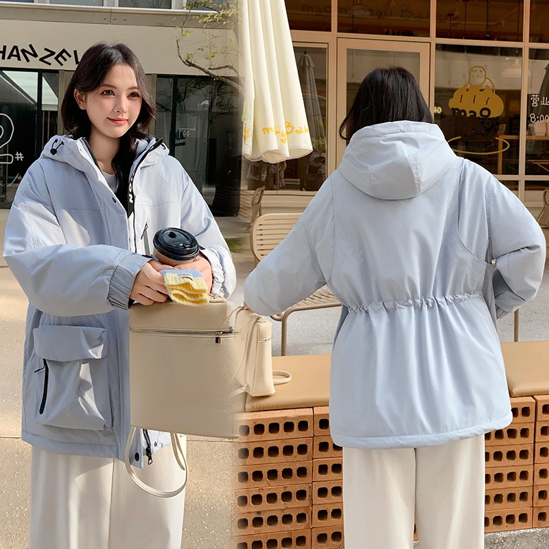 

Женская зимняя уличная куртка 2025 года, толстая теплая хлопковая стеганая одежда с карманами, тонкая талия, модные парки средней длины с капюшоном