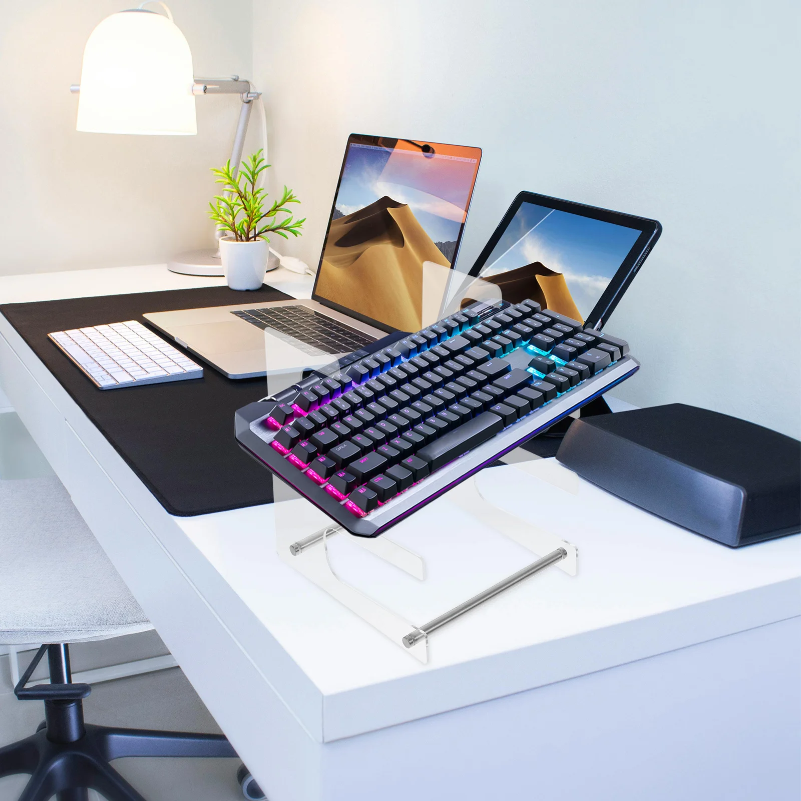 Suporte de teclado acrílico versátil, design de vários camadas, estrutura robusta, superfície lisa, portátil, leve, adequado para casa