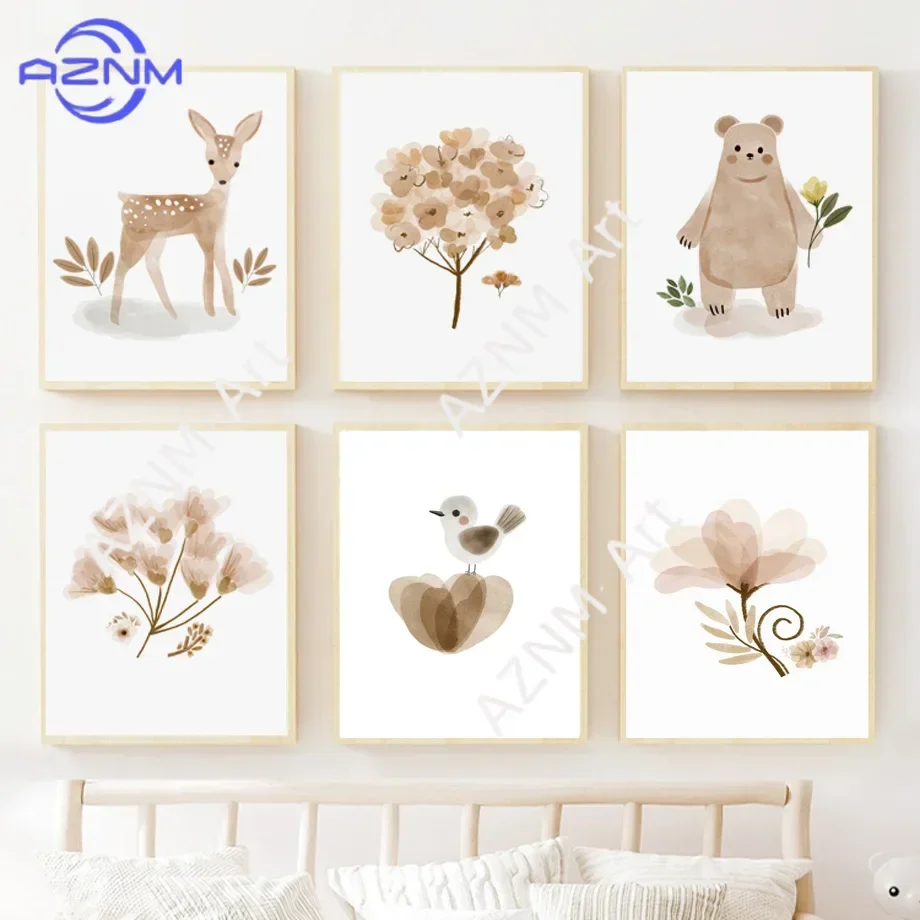 Boho Nursery Wall Art Canvas - Cute Deer Bear Rainbow Bird Flower Prints Kids Baby Room Decor Nordic Posters And Pictures