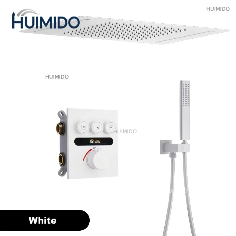 Luxury Brass Brushed Gold LED Digital Display Constant Temperature Shower System with Hot&Cold Water Ceiling Embedded Bath Mixer