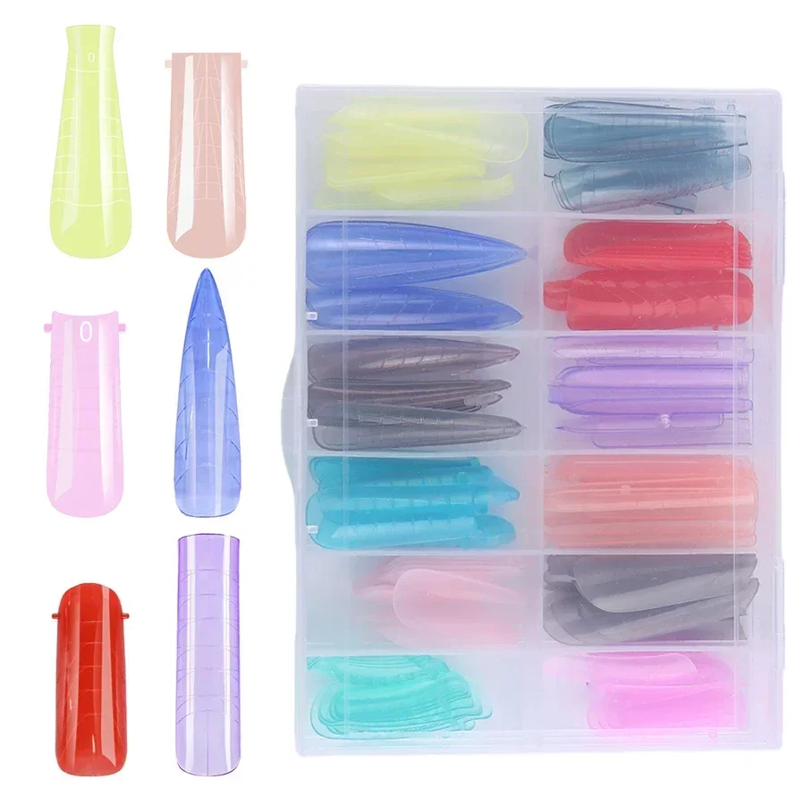 144Pcs Dual-Form Crystal Gel Nail Extension Mold Set Stiletto Coffin Square Acrylic Nail Tips 12 Shapes Reusable Durable