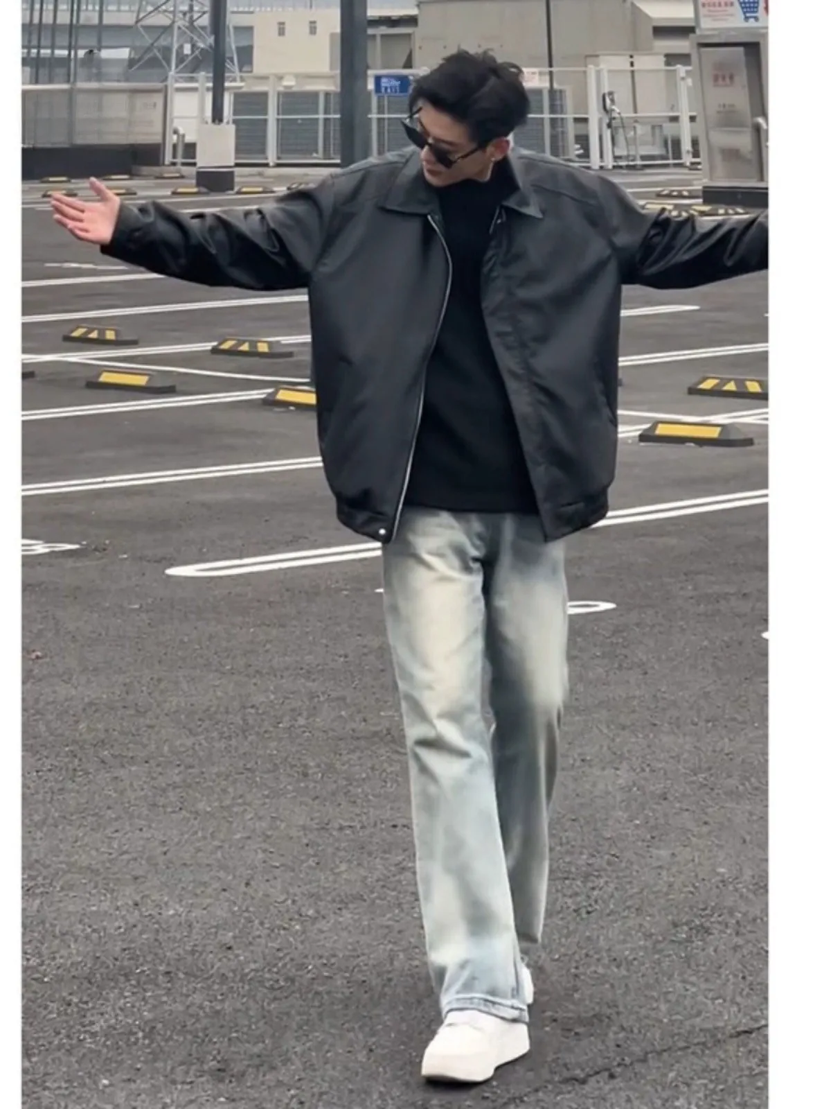 

Bla ort Cleanfit PU Leather Jaet Men's 2024 Spring New American Retro Motorcycle Jaet Zipper Closure Long Sve Stan...