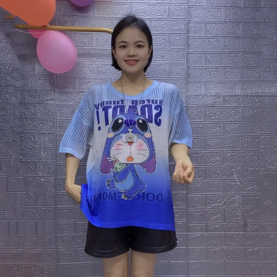 2024 2 Piece Sets Womens Outfits Cartoon Pattern Diamonds Tracksuit Hollow Out Short Sete Casual Knitting Костюм Женский Летний