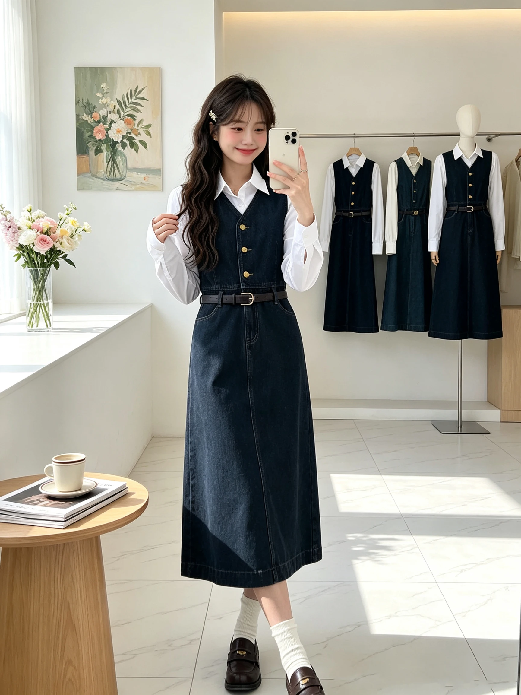 Retro Korean Washed Denim Vest Dress Women's Autumn Elegance Layered Shirt Two-Piece Set High-End Feelings Fashion Ensemble