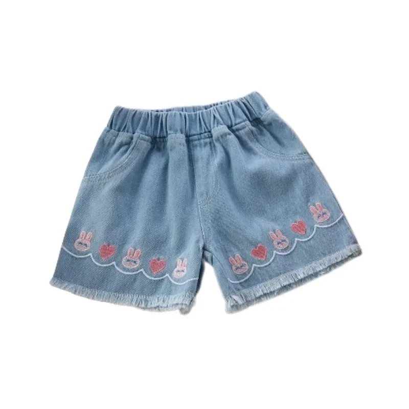 Children\'s High Waist Holes Big Children Girls Wear Wide Hot Pants Girls\' Denim Shorts 2024 New Style