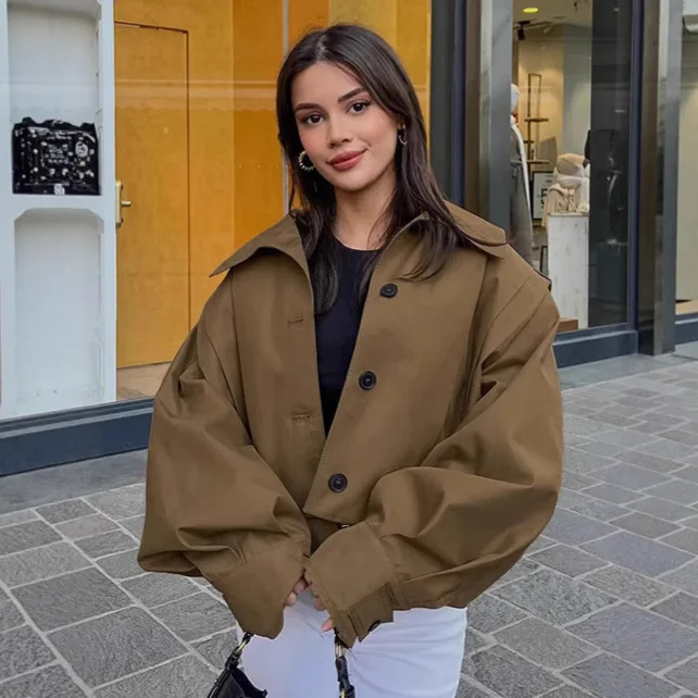 Crossbody Pleated Lapel Flight Jacket Women Loose Long Sleeve Outerwear Coats