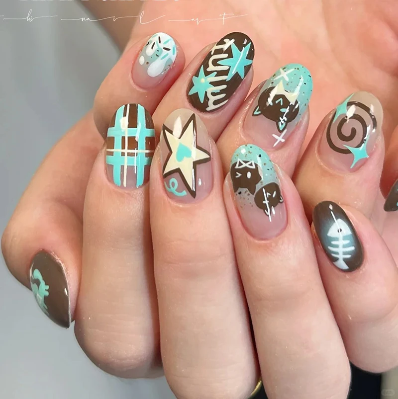 5D Embossed Nail Art Decals Blue Coffee Cute Cats Bears Stars Hearts Nails Stickers Decorations For Manicure