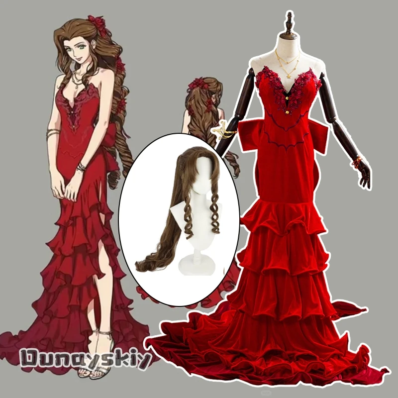 

Aerith Gainsborough Women Cosplay Costume Anime Game Fantasy VII Wig Sexy Red Dresses Women's Lolita Skirt COS Suit
