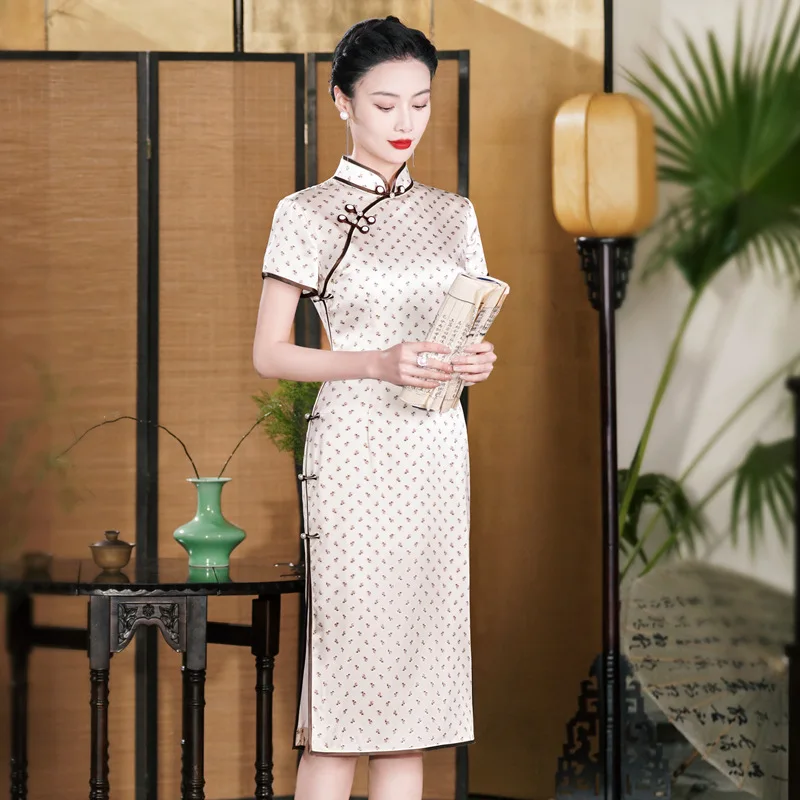 

High-End High Quality Real Silk Cheongsam Qipao 2024 New Summer Improved Sense Young Girl's Long Dress