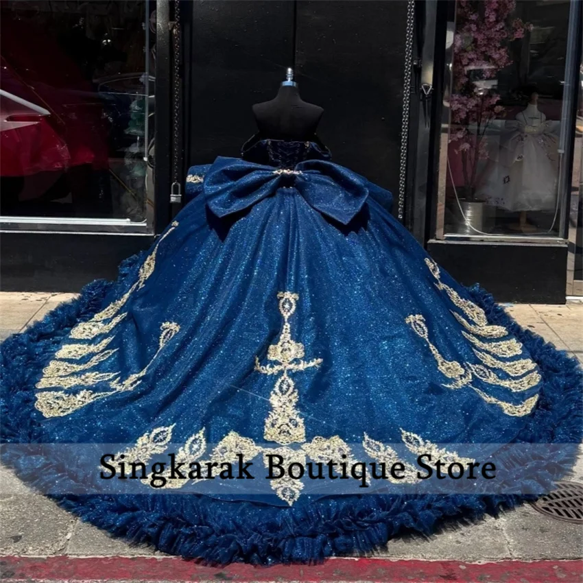 Vestidos de quinceañera con hombros descubiertos, color azul marino, vestido de baile hinchado con hombros descubiertos, vestido dulce 15 16 con gradas para cumpleaños, vestido personalizado