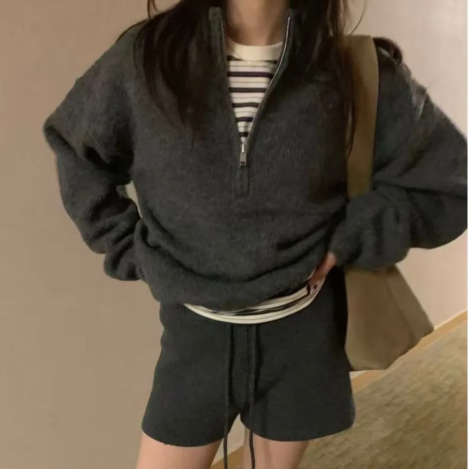 

Шикарный вязаный свободный женский комплект из двух предметов с воротником-стойкой, осенне-зимний новый универсальный комплект Lazy Faion