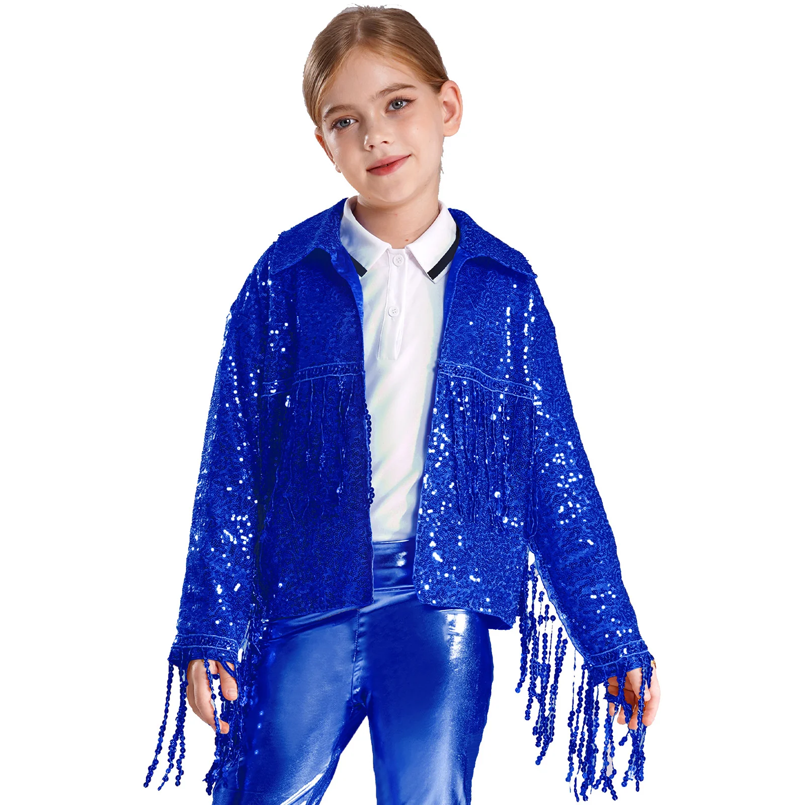 Kids Girls Sparkly Sequin Tassel Jacket Birthday Party Gift Stage Performance Costume Street Dance Outwear Fashion Children Coat