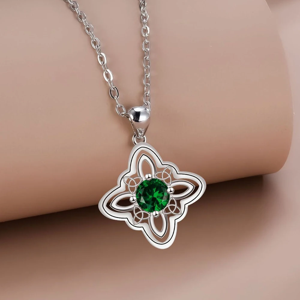 YILUOCD Thai Silver Green Zirconia Witch Knot Necklaces for Women Wicca Triquetra Celtics Knot Pendant Amulet Protection Jewelry