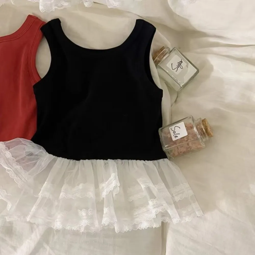 Casual O-neck Sleeveless Tank Top Lace Ear Edge Soft T-shirt Elastic Solid Color Clothes Girls