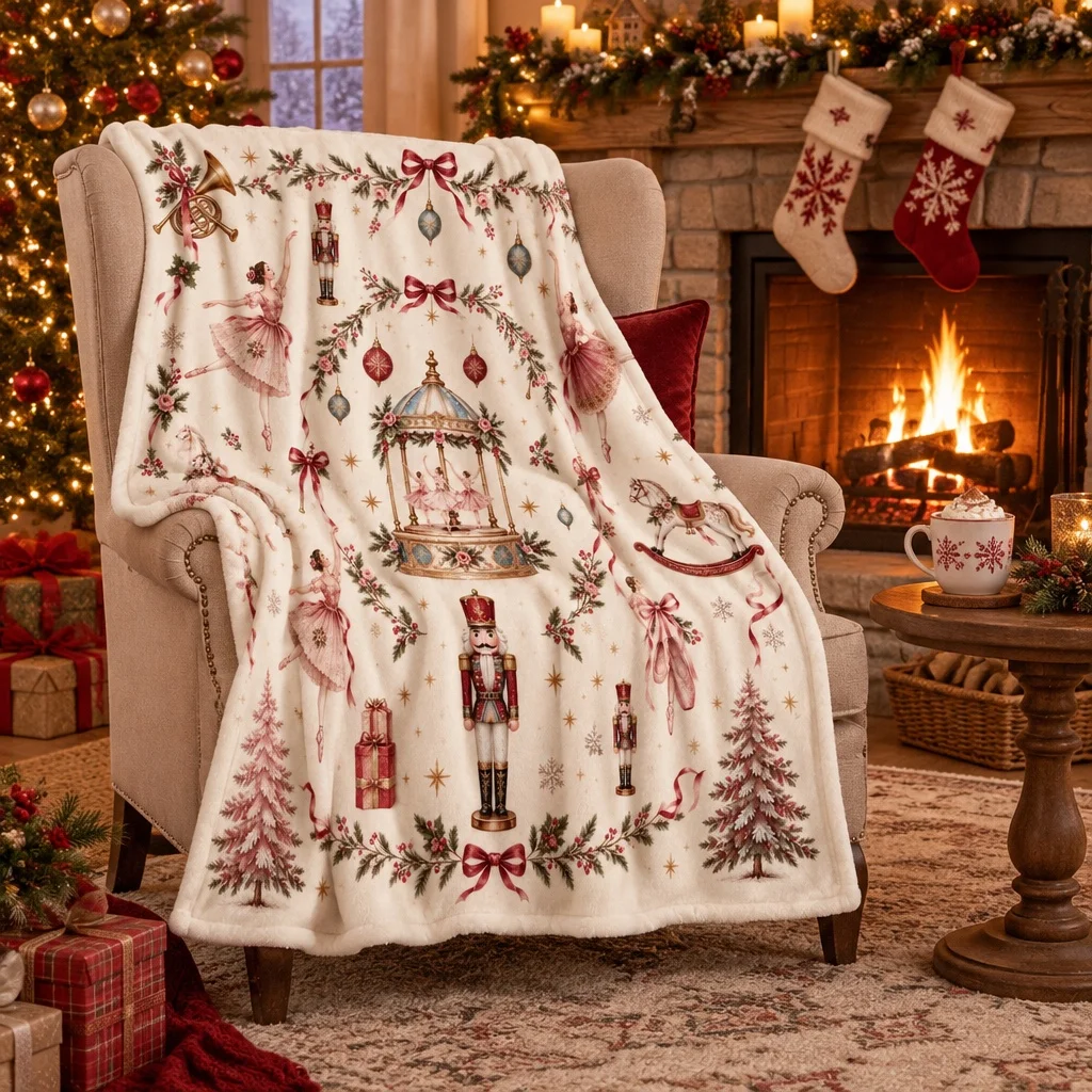 Nutcracker Christmas Flannel Throw, Vintage Ballerina Pink Bow Print, Cream Tone Holiday Blanket, Soft Cozy Decor, Ballet Dancer Gift, Seasonal Home Accent, Multiple Sizes