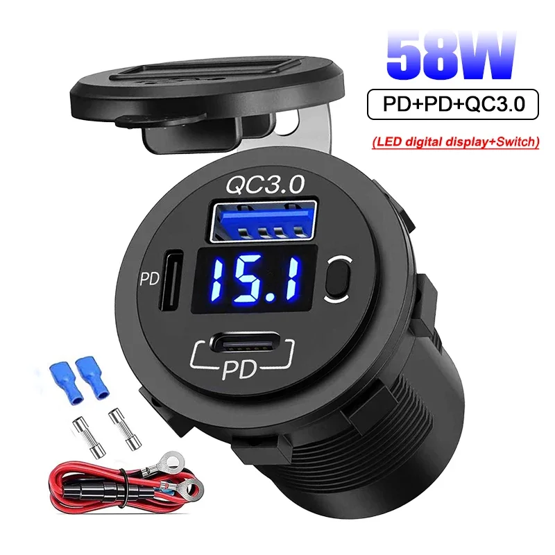 

58W Car USB Charger Socket 3 Ports 12/24V USB Outlet Dual PD & QC3.0 Fast Charge Adapter with Voltmeter Switch for Car RV Marine