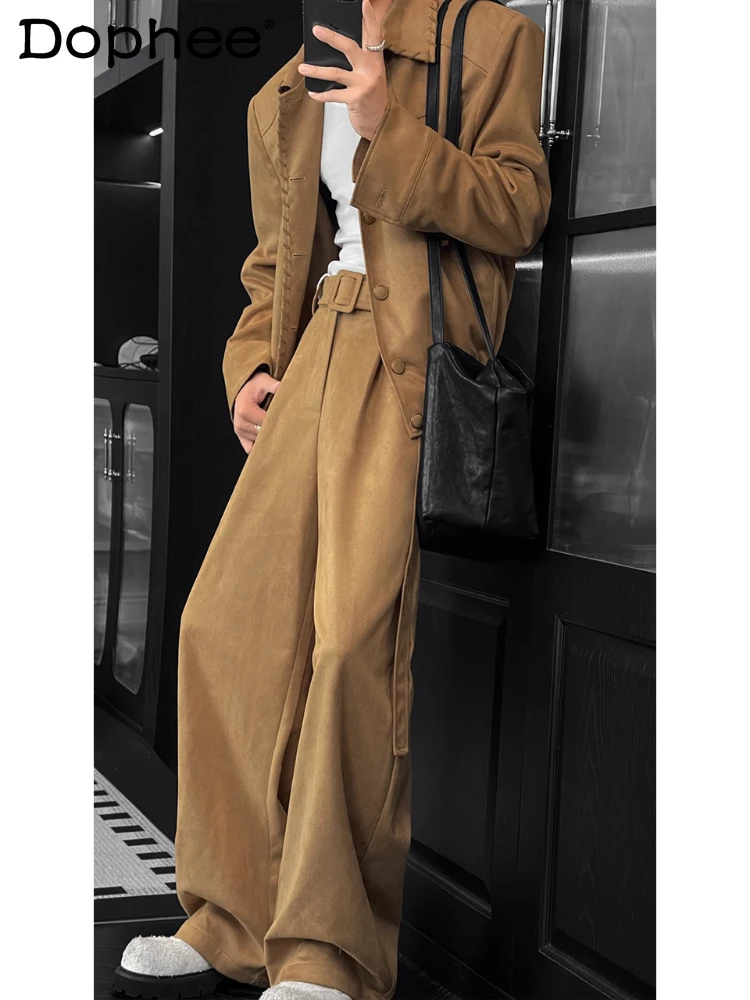 

2025 Men's Autumn New Trendy 2pcs Male Retro High-End Lapel Jackets Versatile Loose Curved Pants Sets Solid Color Two-piece Sets