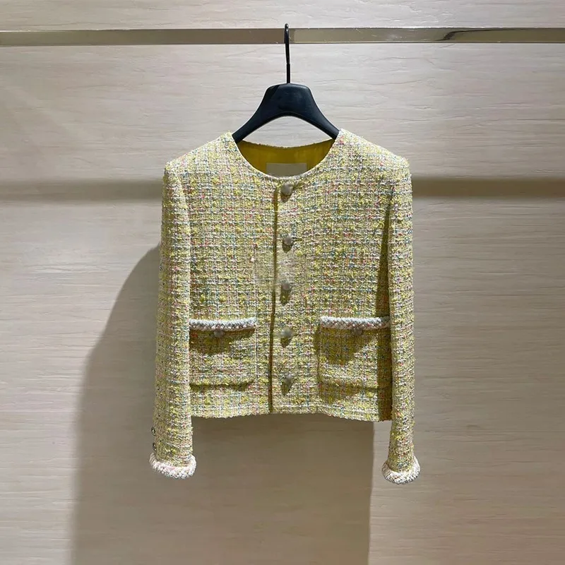 Yellow Xiaoxiangfeng woven coat spring wear niche design celebrity style high-end exquisite temperament top