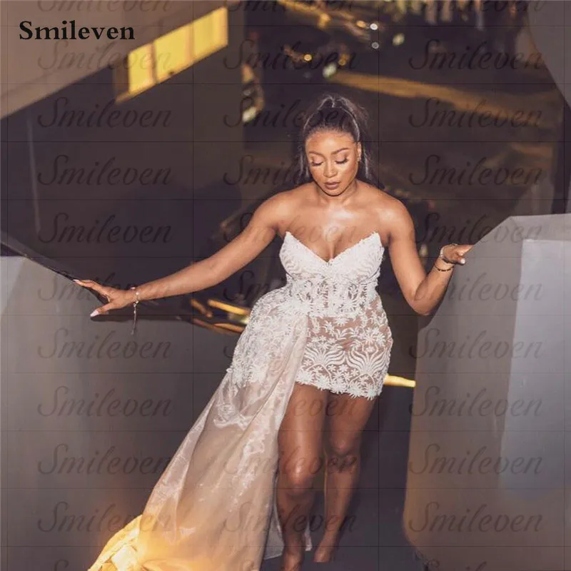 Smileven-Vestido de Noiva Champagne Strapless curto, Mini Saia, Appliqued Lace, Vestidos de Noiva