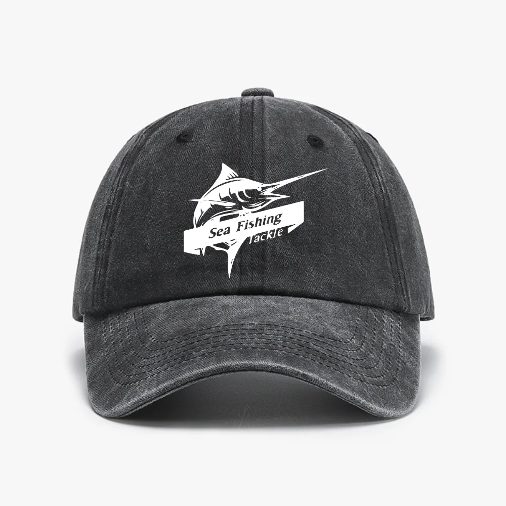 

Sea Fishing Tackle baseball cap Vintage style Washed Distressed Denim sun caps 3D Fish Print Hip hop hats outdoors sports hat