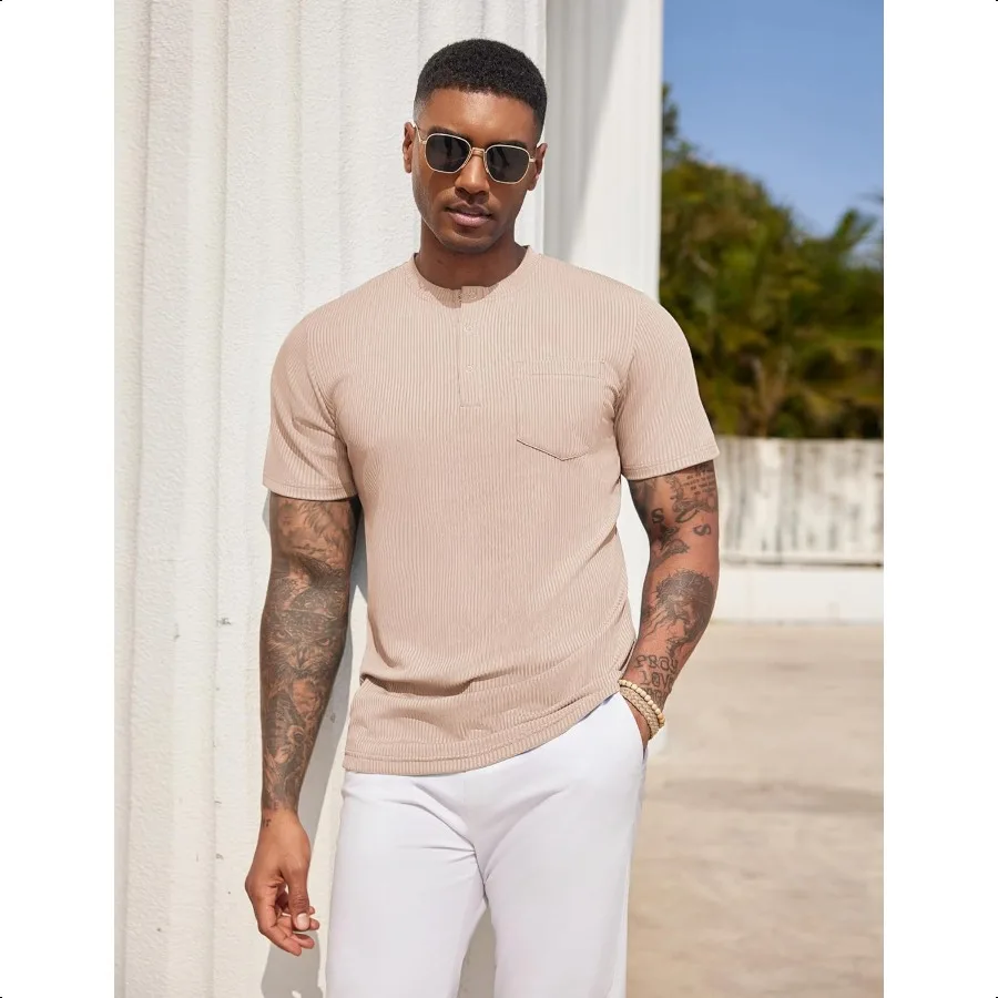 COOFANDY Mens Henley Shirts Short Sleeve Tshirt Basic Button Tees Summer Ribbed Pocket T Shirt Casual Stretch Tops