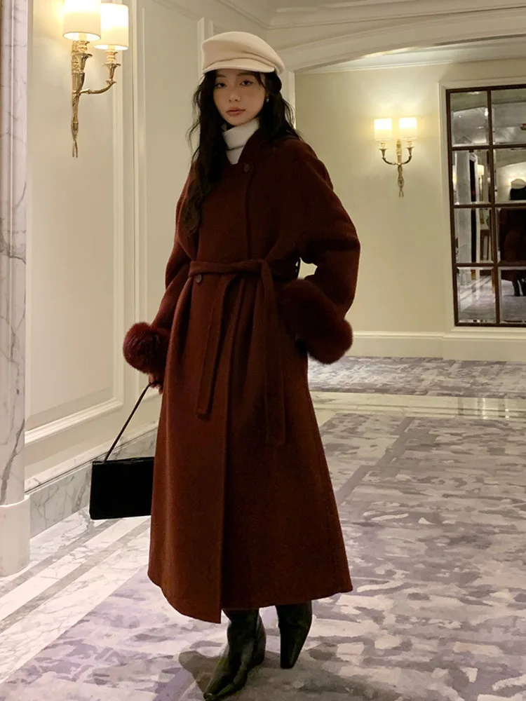 [EWQ] Elegant Burgundy overcoats double-faced cashmere coats long sleeve True fox fur Brown Woolen Coat Overcoat autumn spring