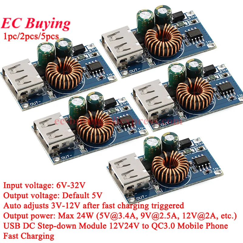 1-5Pc QC3.0 QC2.0 USB DC-DC Buck Converter Charging Step Down Module 6-32V 24W 9V 12V 24V to Fast Quick Charger Circuit Board 5V