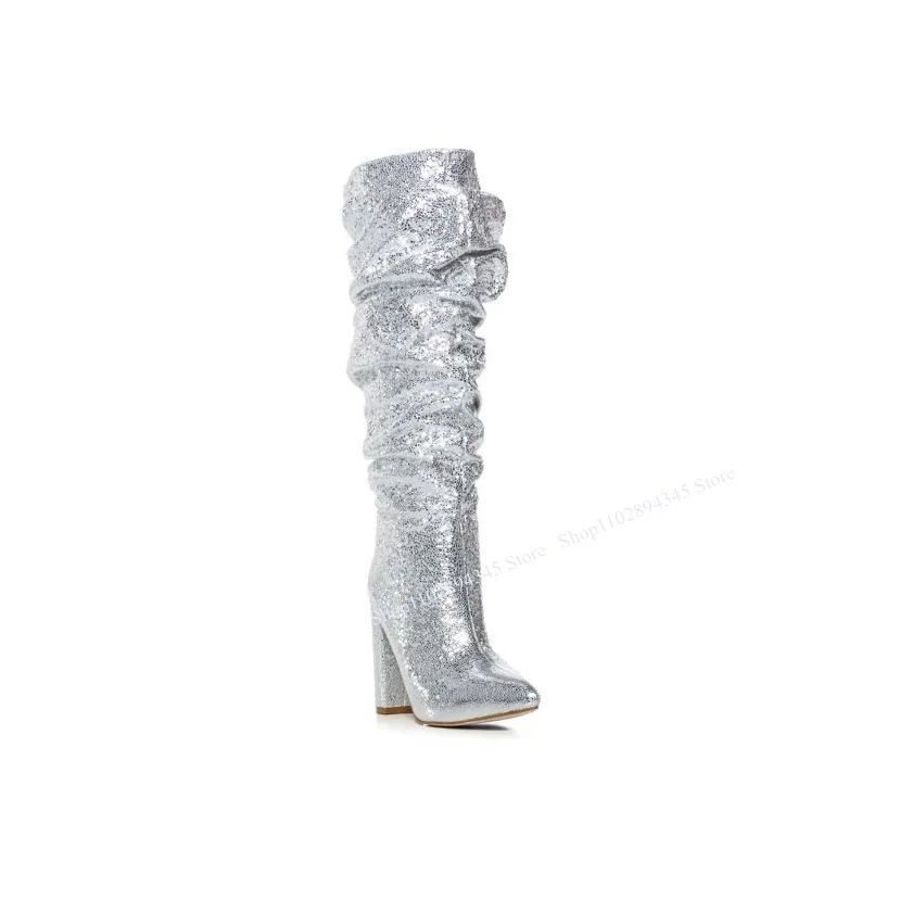 Silver Glitter Knee High Boots Chunky Heel Pointed Toe Fashionable Sexy Cool Summer Big Size Woman Shoes Zapatillas Mujer