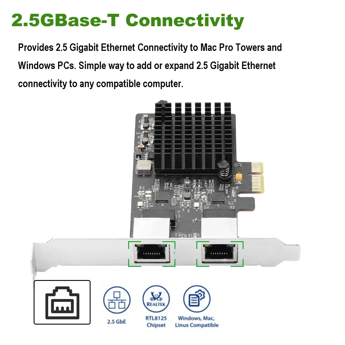 IOCREST 2.5G Base-T Gigabit Network Adapter  2 Ports 2500Mbps PCIe 2.5gb Ethernet Card RJ45 LAN Controller Card Pci-e 8125 chip