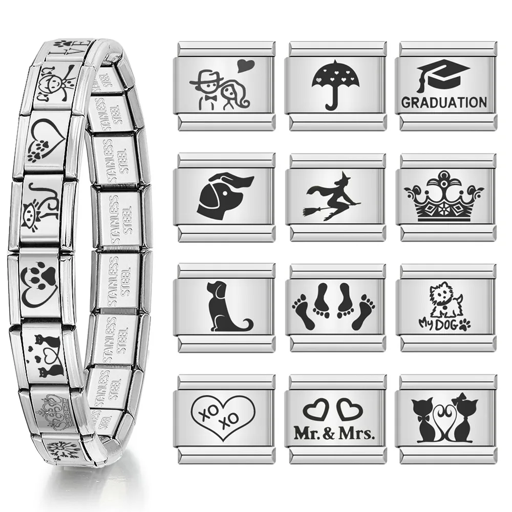 Abalorio elástico italiano con diseño de 9mm, joyería de Color plateado con láser, paraguas, tablero de mortero, corona, placa deslizante, pulsera DIY para perro, 1 ud.