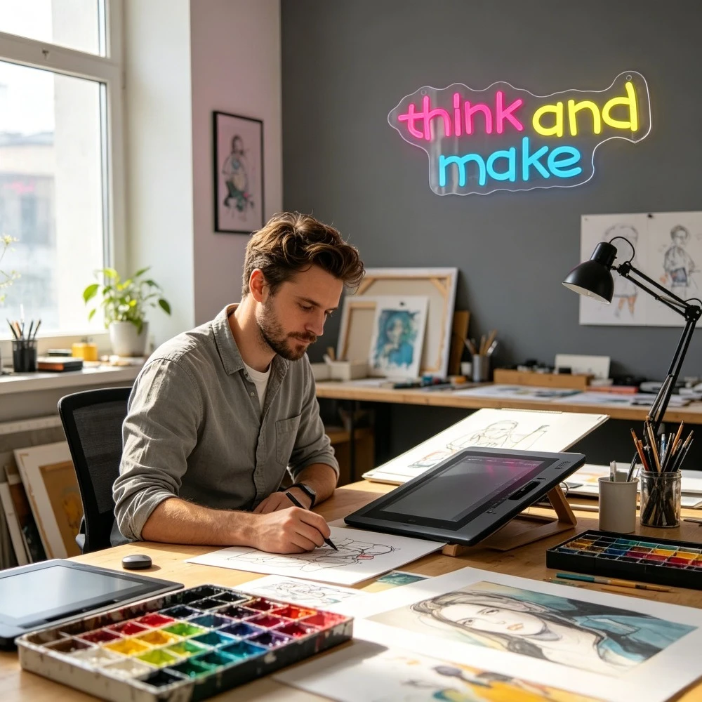 Think And Make Neon Sign LED Marquee Light for Home Studio Desk Decor Creativity Inspiration Gift USB Reusable Art