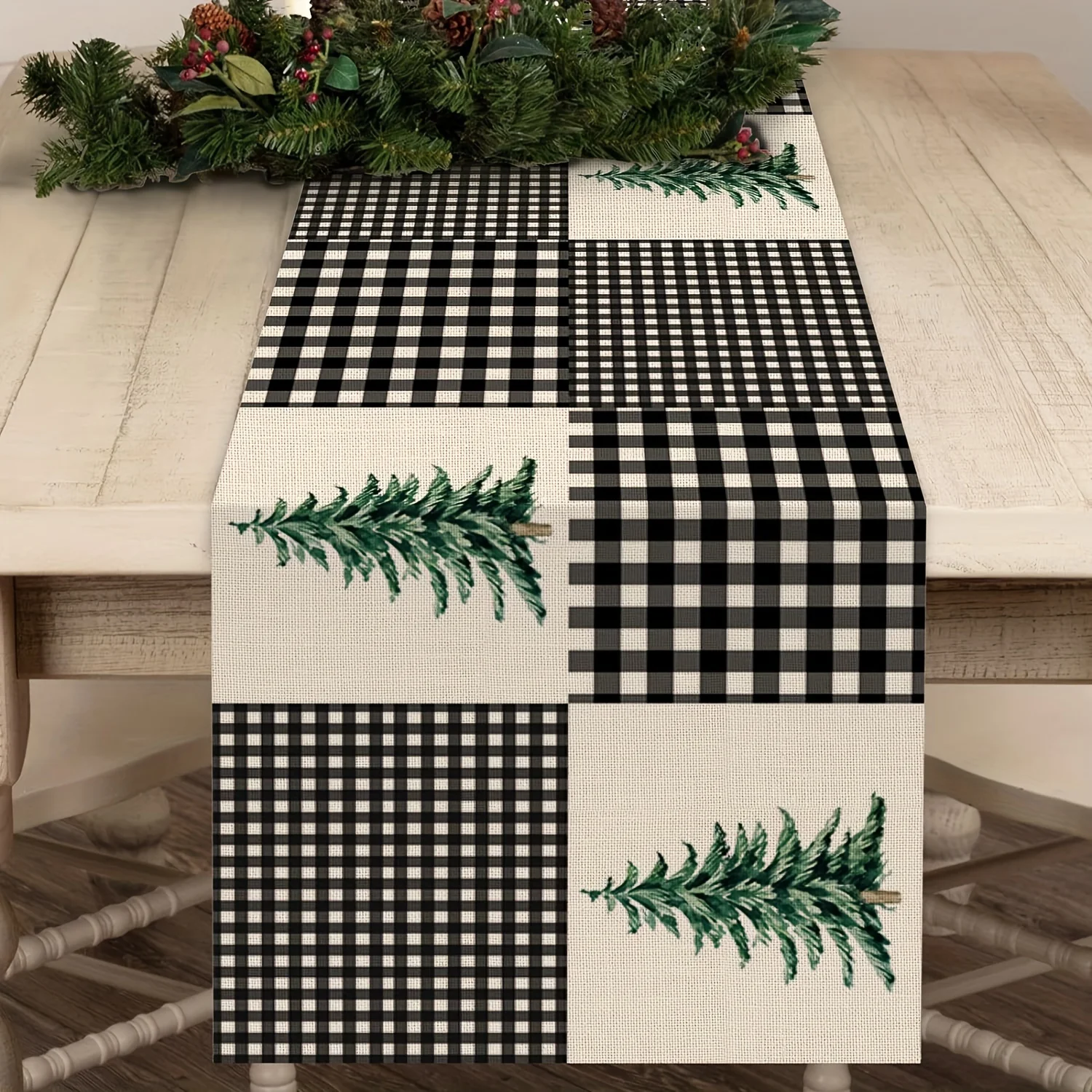 

Bohemian Black and White Buffalo Plaid Table Scarf for Home Kitchen Decor Winter Seasonal Farmhouse Holiday Rustic Dining Room D