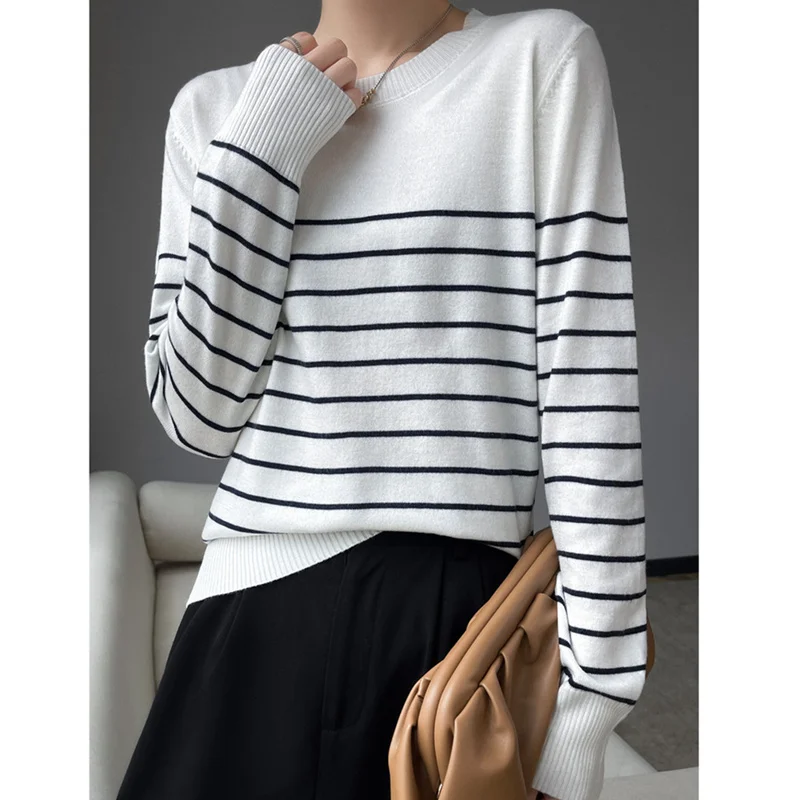 Vintage style striped round neck cashmere sweater women\'s fall/winter loose pullover  with base sweater