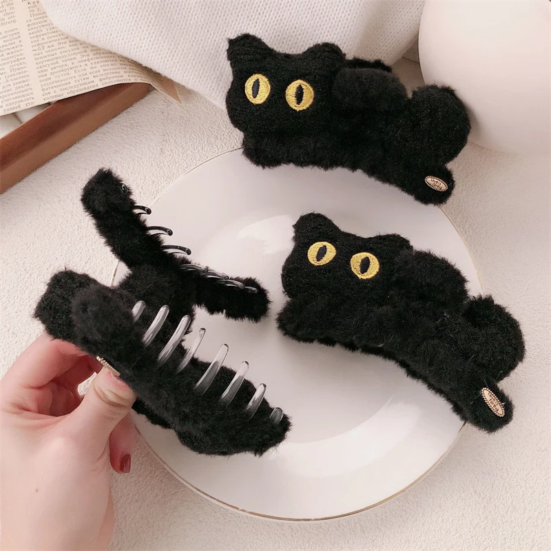 1PC Cute Hair Dye Shark Clip Hair Accessories Women's Autumn And Winter Plush Three-dimensional Black Cat Large Claw Clip