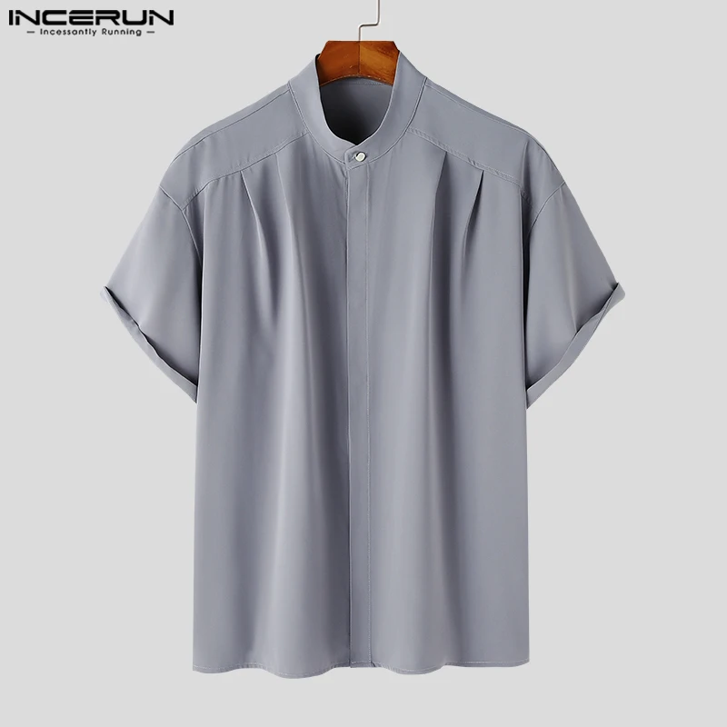 

2025 Men's Shirts Stand Collar Short Sleeve Korean Style Fashion Casual Men Clothing Streetwear Solid Color Shirt INCERUN S-5XL