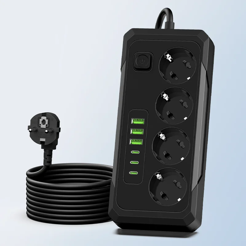 Desktop EU Extension Power Strip Solve Insufficient Wall Sockets Problem, 4 AC Schuko +6 USB(3A+3C) Multi‑Socket With Master