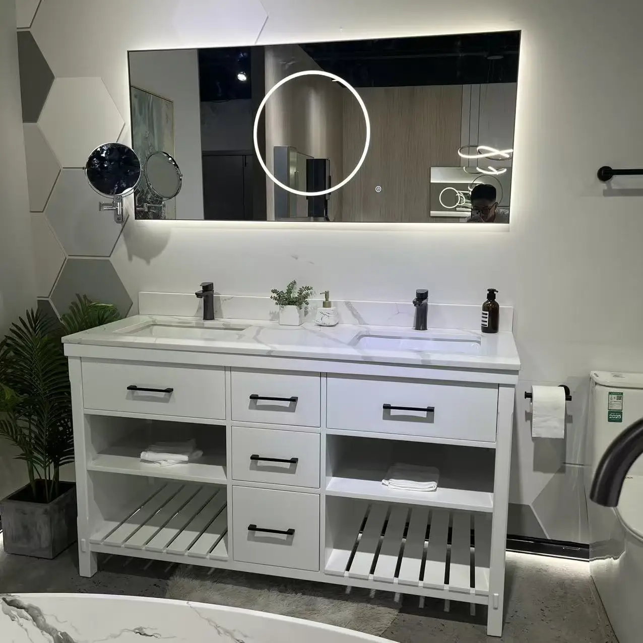 

Modern standing Bathroom Vanity with White Marble Counter Double Ceramic Basin LED Bath Mirror Painted Plywood MDF Cabinetpromot
