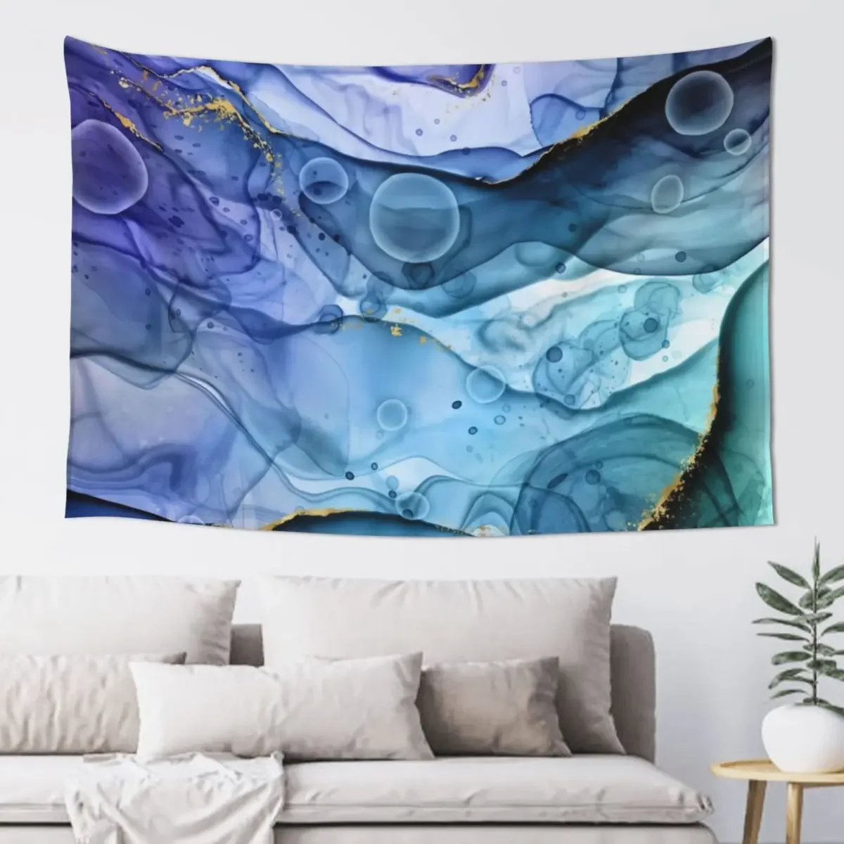 Mermaid Ink Splashes in Blue with Gold Detail Tapestry Decoration Bedroom Living Room Decoration Bed Room Decoration Tapestry