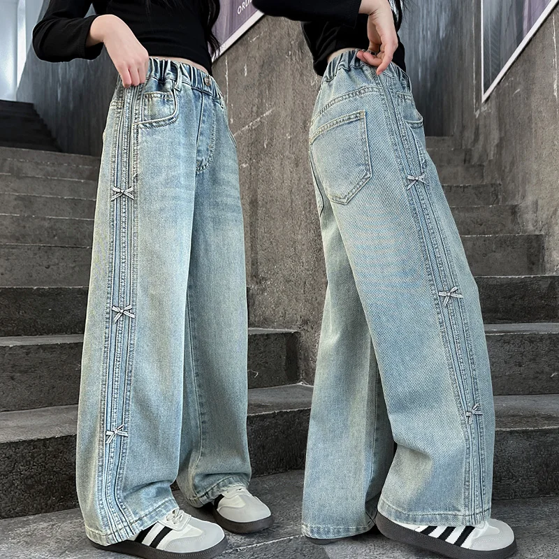 

New Kids Designer Autumn Casual Jeans with Bow on The Side for Teenage Girls Straight Cut Denim Pants Vintage Children Trousers