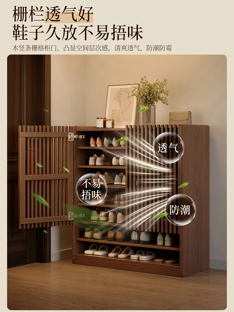 Solid Wood Shoe Cabinet Household Door Storage Cabinet, Integrated Against The Wall Indoor Walnut Multi-storey Building Outside