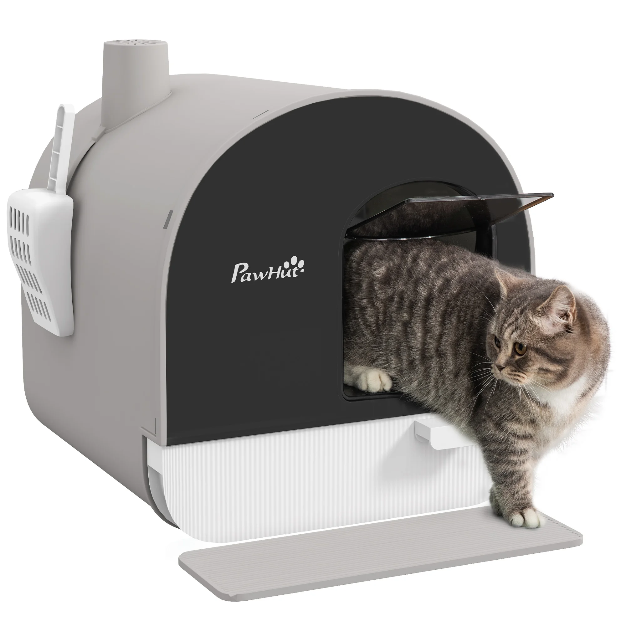 PawHut kattentoilet met lade, gesloten kattenbak met anti-vlek tapijt, leer, anti-geurfilter en draaideur, eenvoudig schoon te maken, 43x44x47 cm, grijs
