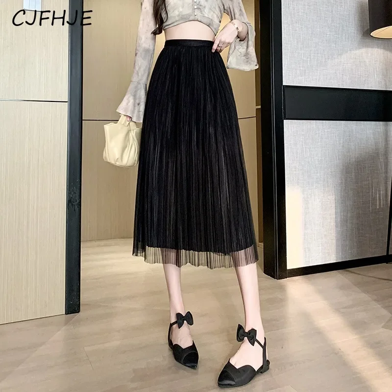 CJFHJE Vielseitiger, einfarbiger, mittellanger A-Linien-Rock für Damen, Frühling, koreanische Mode, hohe Taille, süßer, lässiger Damen-Faltenrock