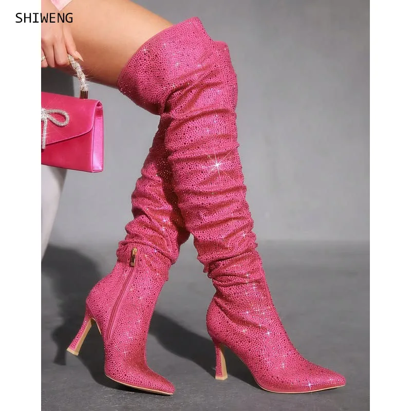 2026 High quality knee length rhinestone pile boots for women's sexy slim high heeled pointed runway boots 44